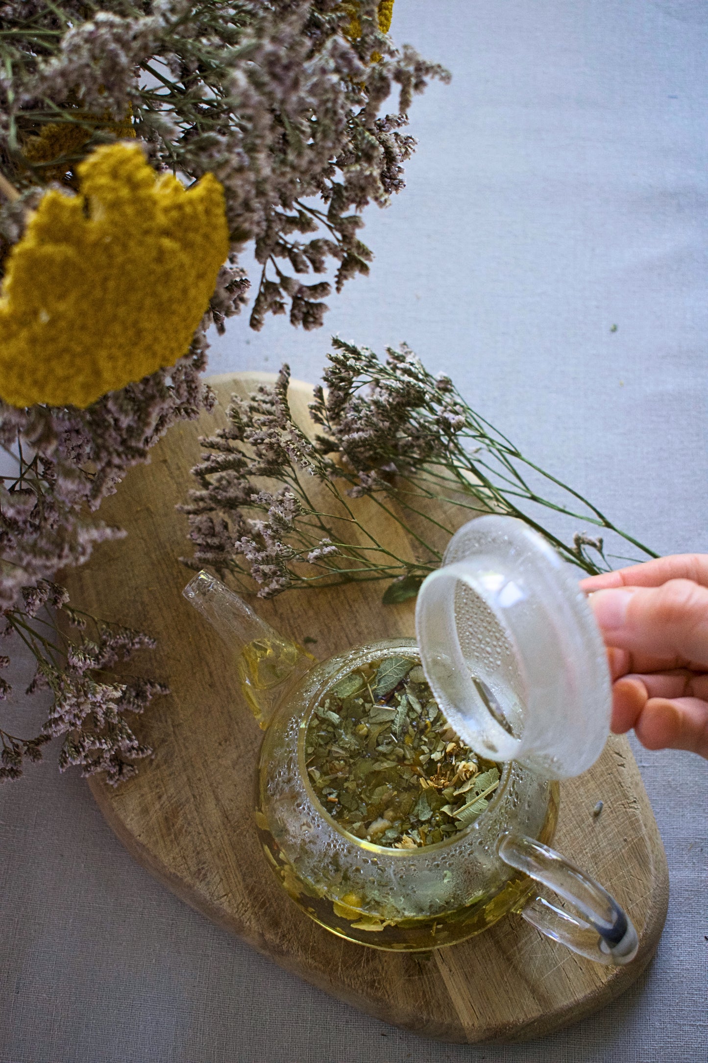 Transparent tea pot with herbs and some flowers for decoration