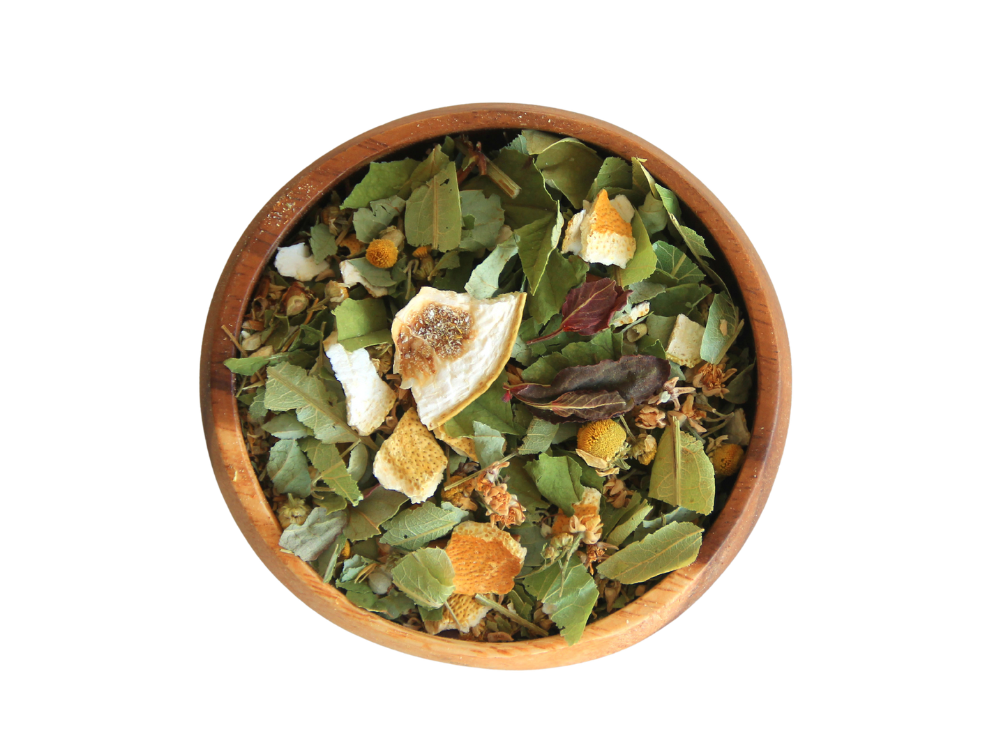Lullaby herbal tea blend in a wooden blend.