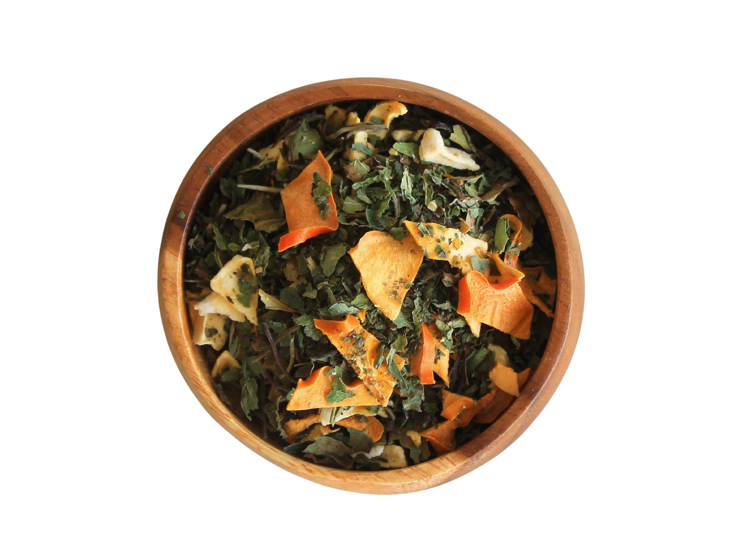 Luz dulce Tea blend in a wooden bowl.