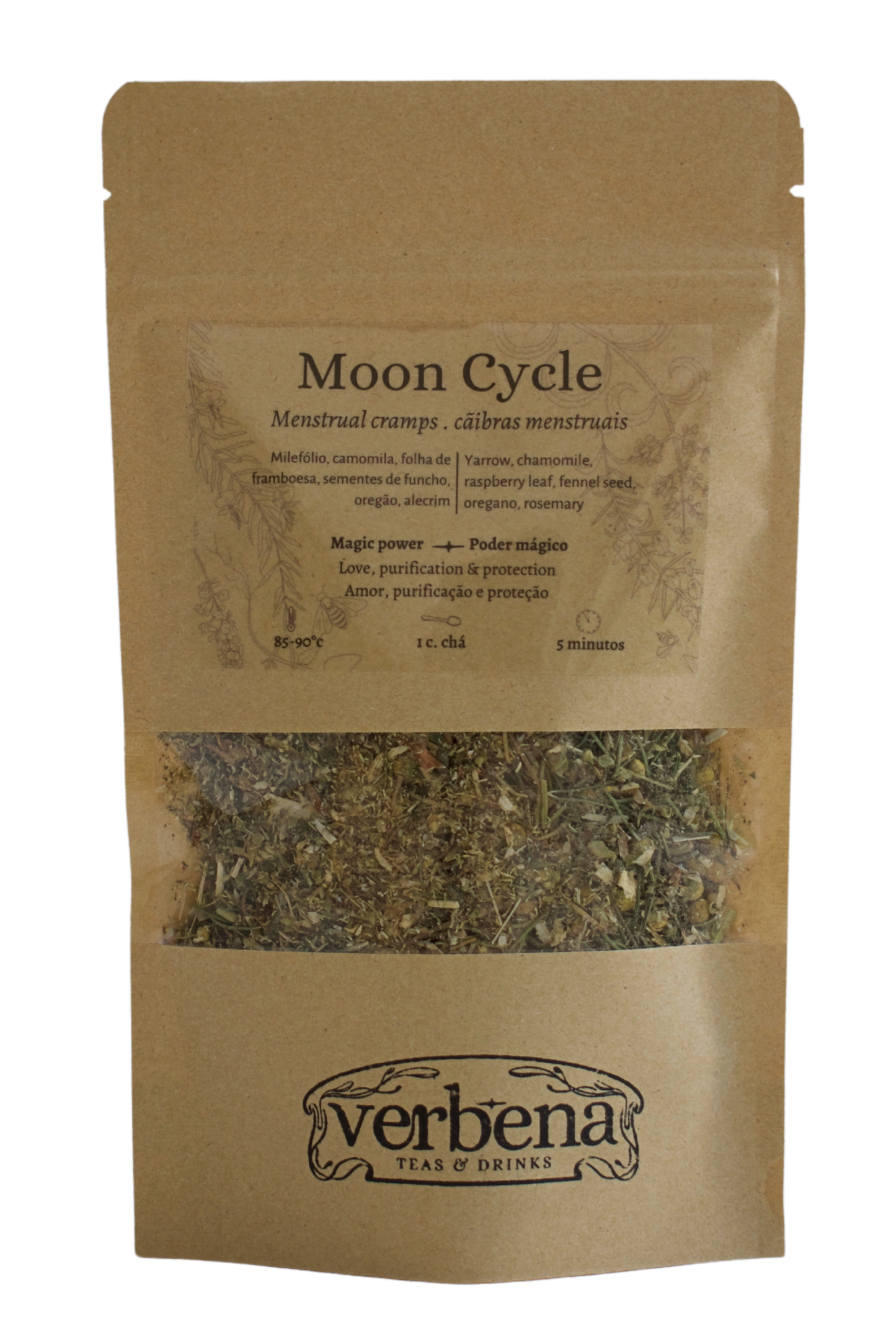 Kraft paper packaging of 'Moon Cycle' herbal mix with 'verbena' branding.