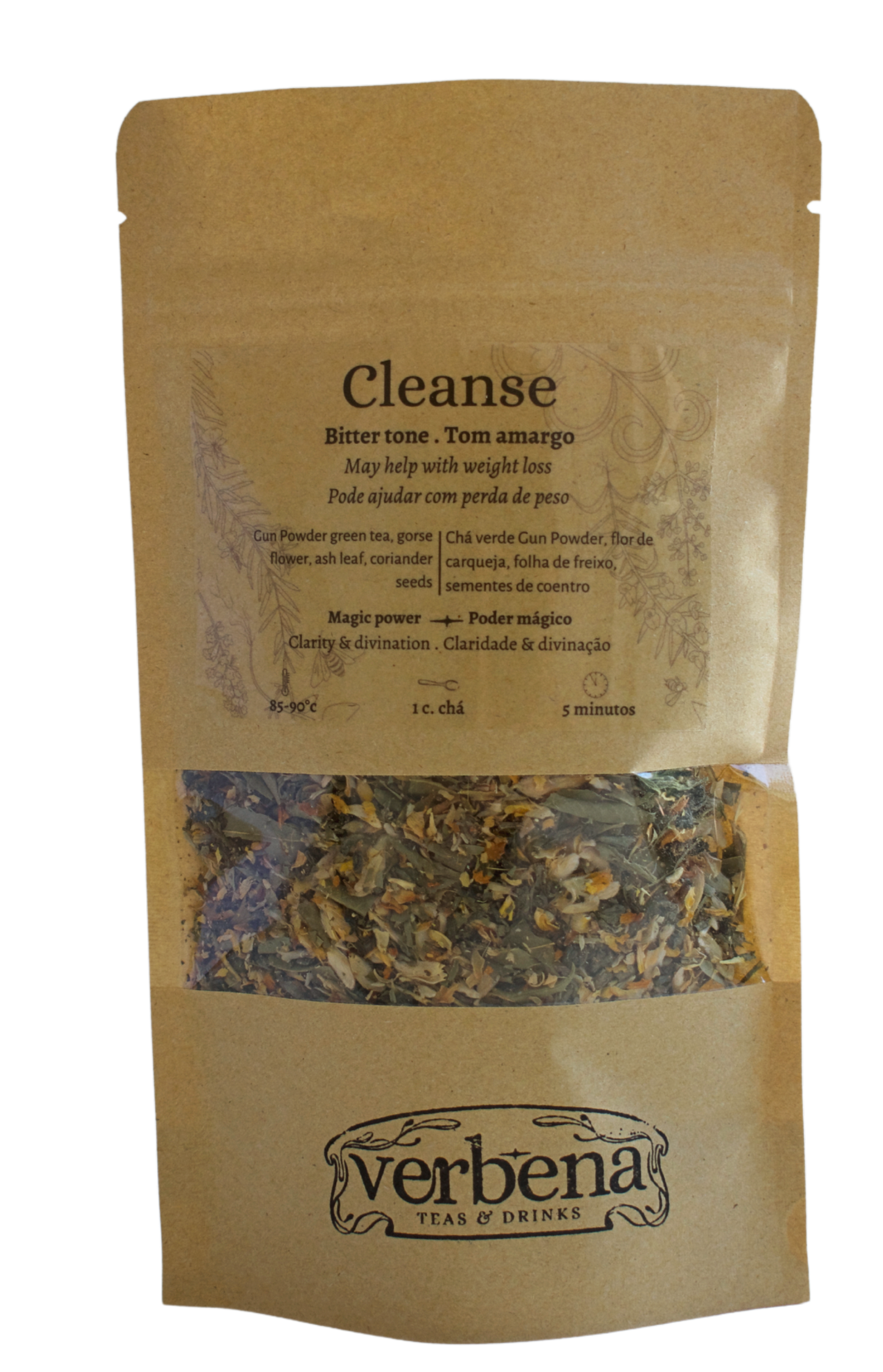 Kraft bag with a transparent label showing details of Cleanse herbal tea made by Verbena.