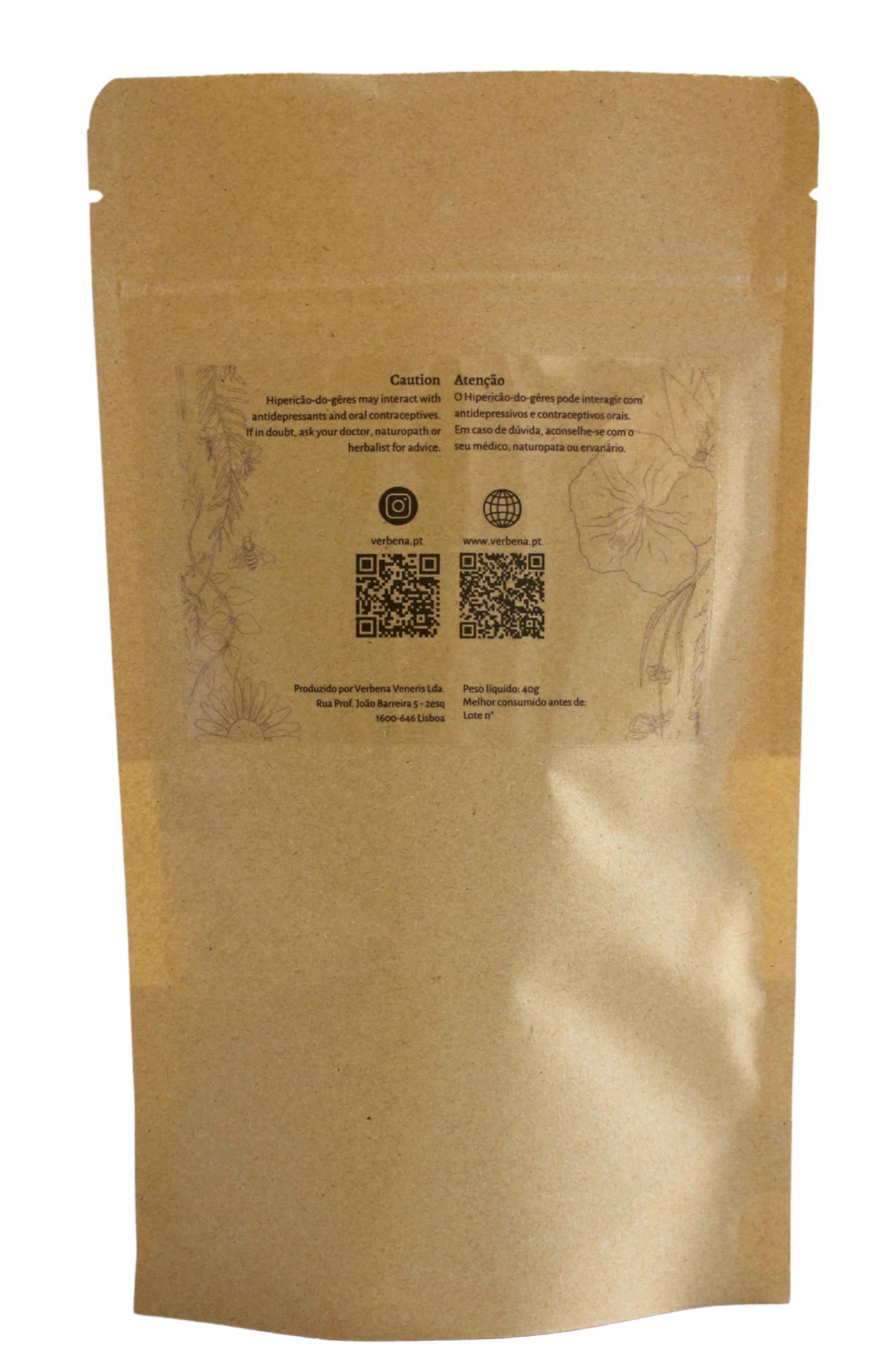 Brown paper bag with printed text and QR codes on a white background