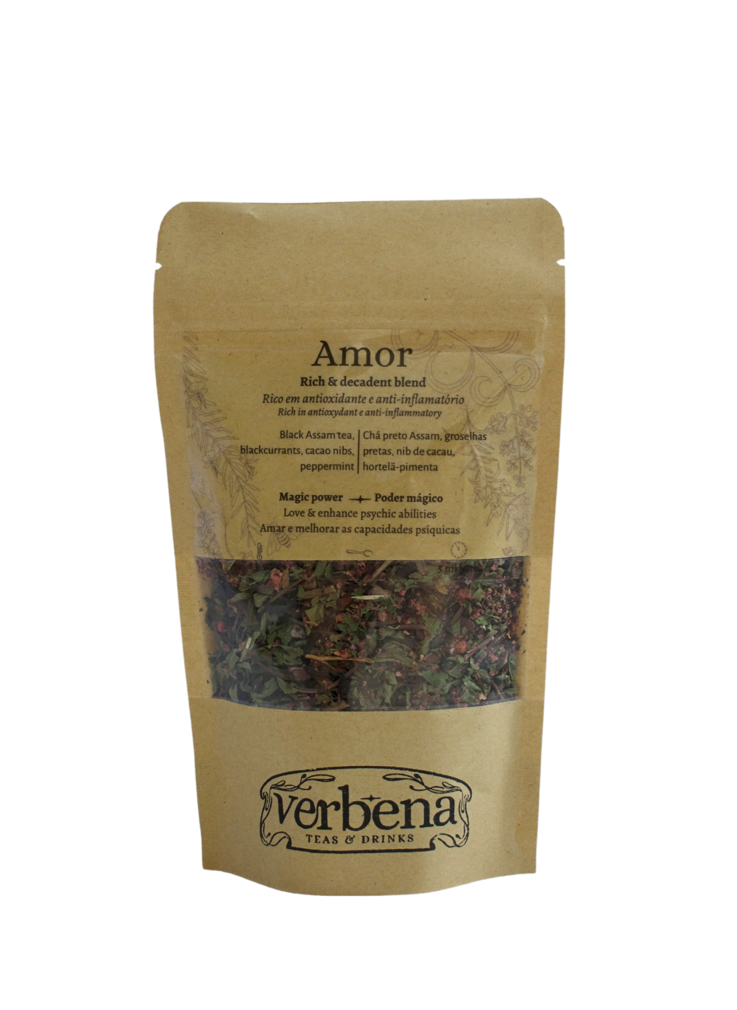 Tea package labeled 'Amor' with verbena branding on a white background