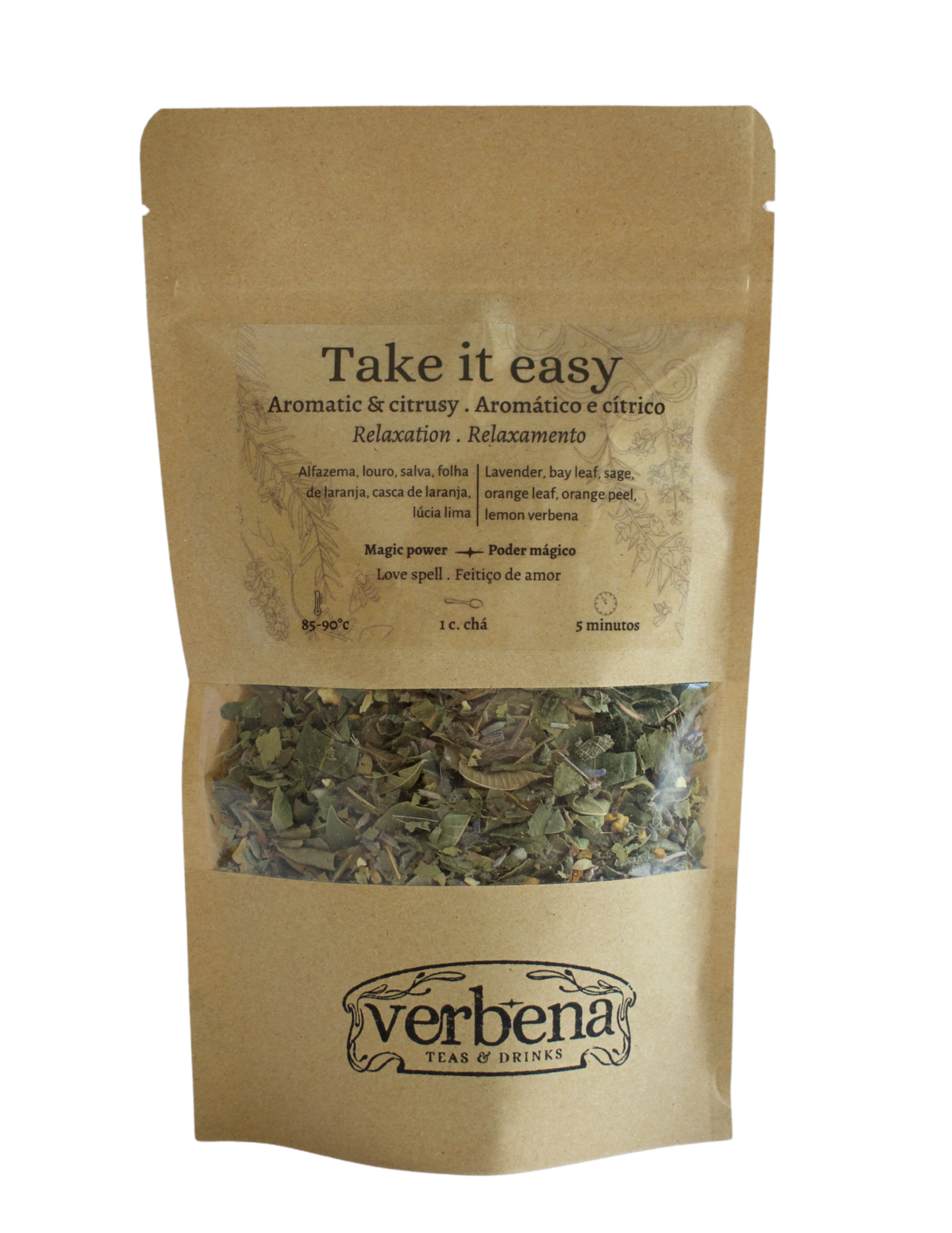Kraft bag with a label 'Take it easy" - aromatic and citrusy herbal blend.