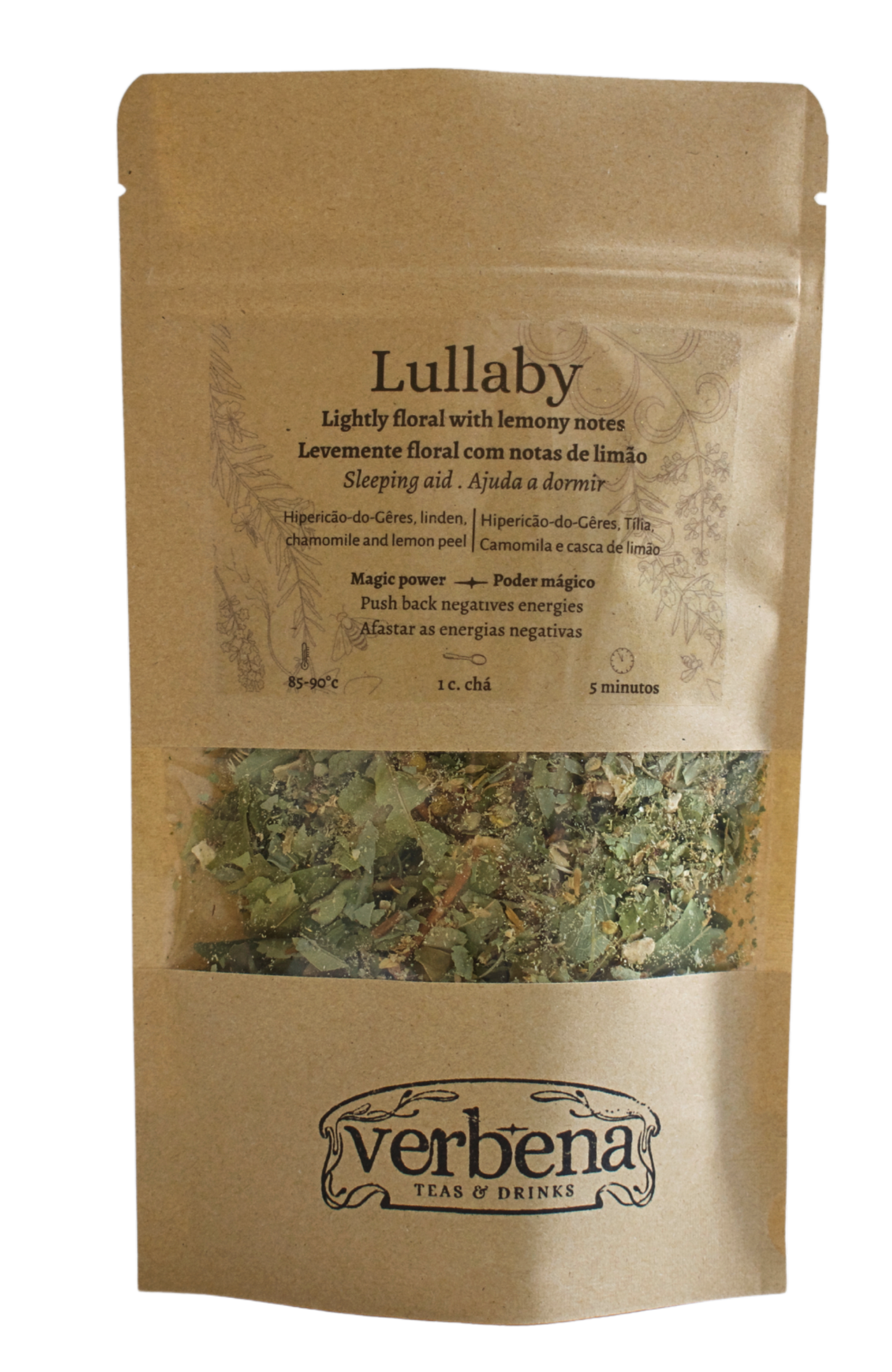 Kraft bag with Lullaby herbal blend. Kraft bag with a transparents label and verbena label.