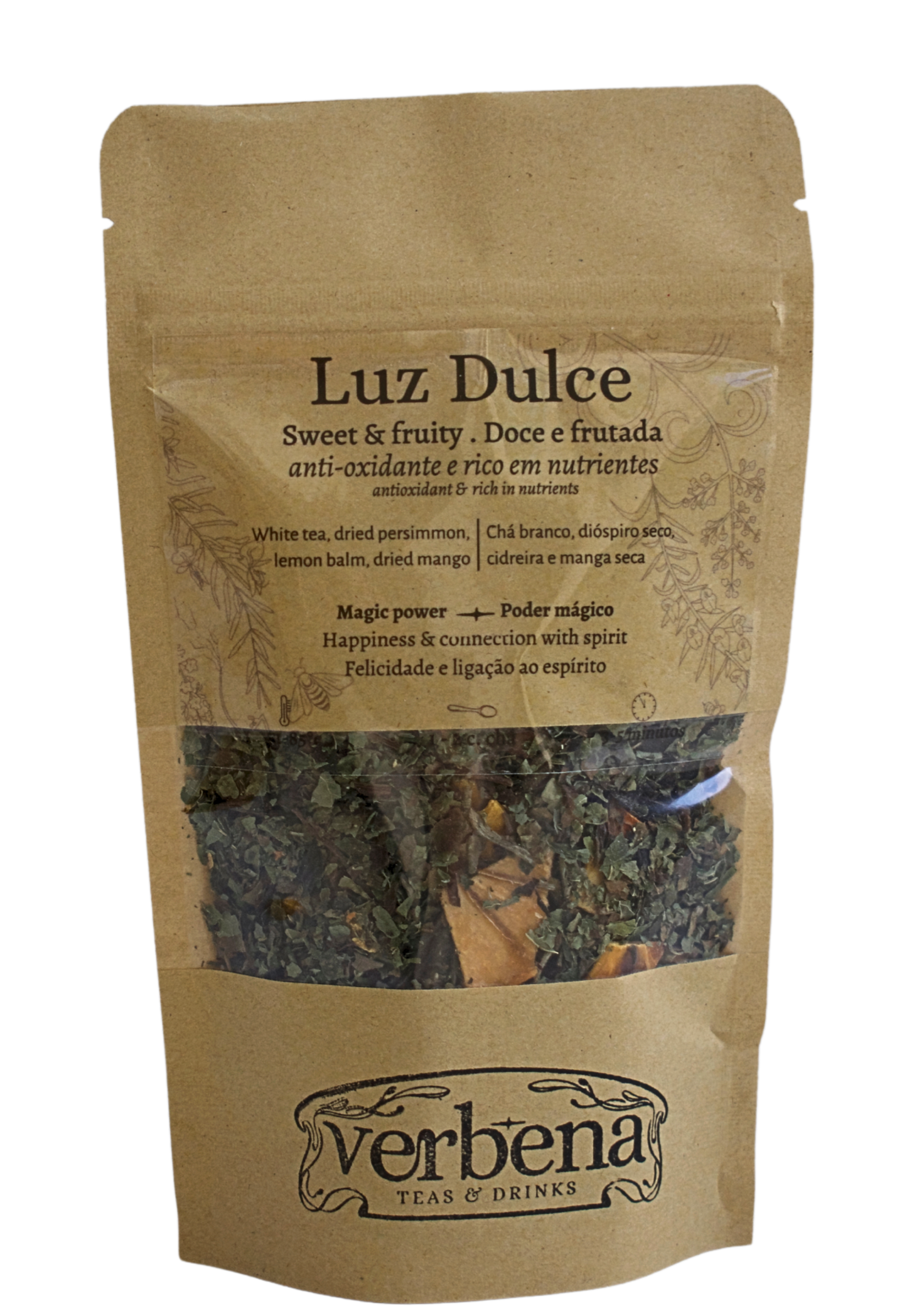 Brown package of 'Luz Dulce' tea with visible tea leaves and 'Verbena' branding.
