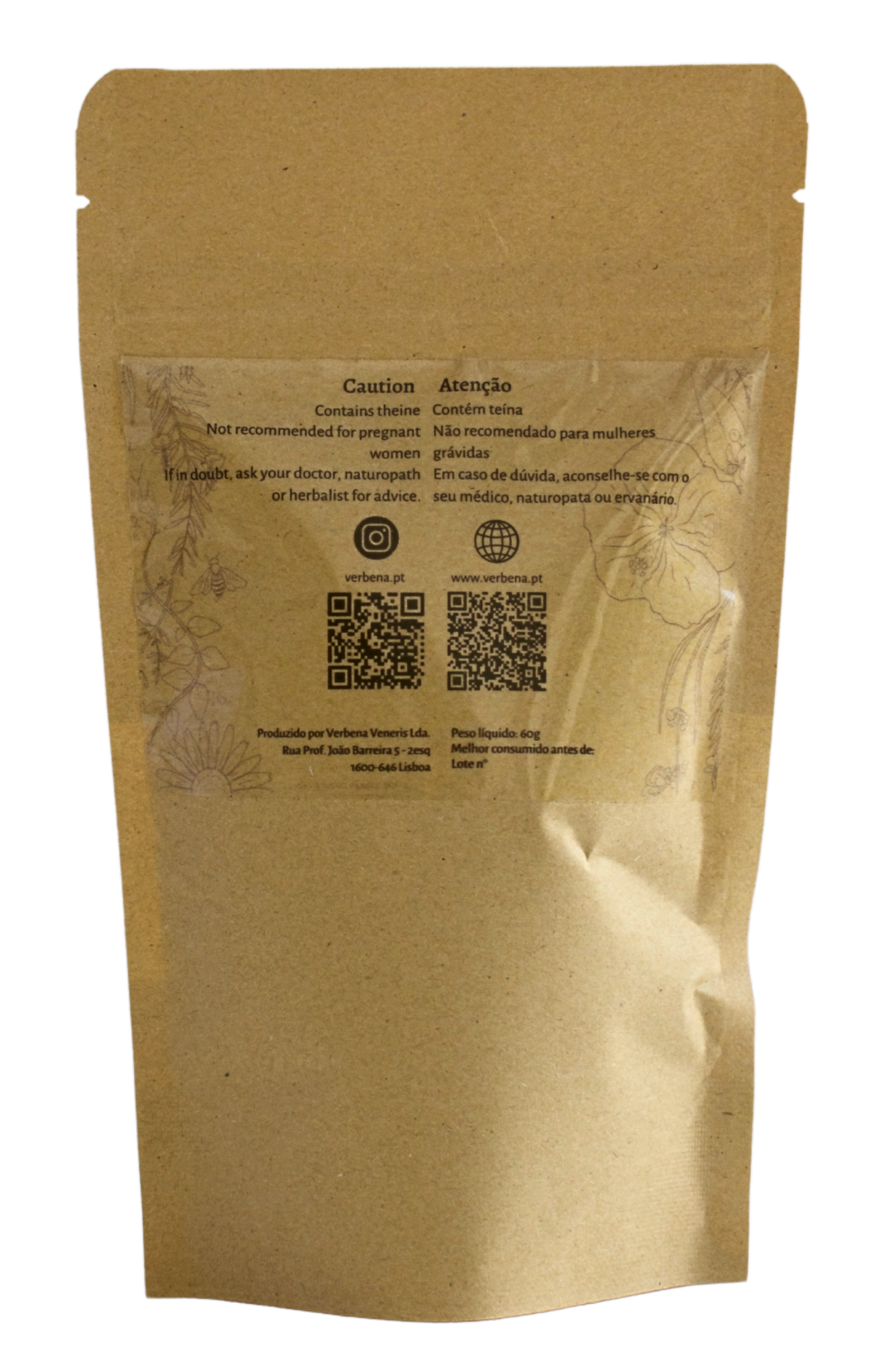Kraft paper packaging with a clear window displaying text and QR codes on a white background