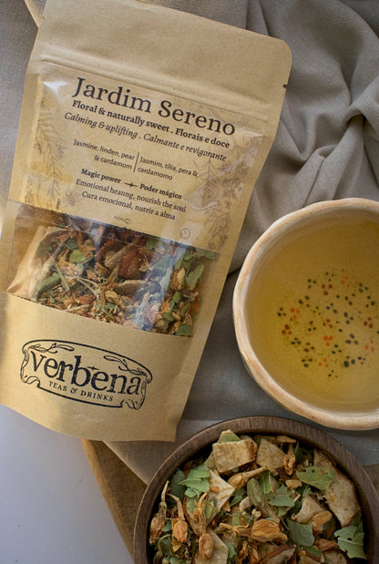 Jardim Sereno tea package with a bowl of tea and a cup of tea on a neutral background
