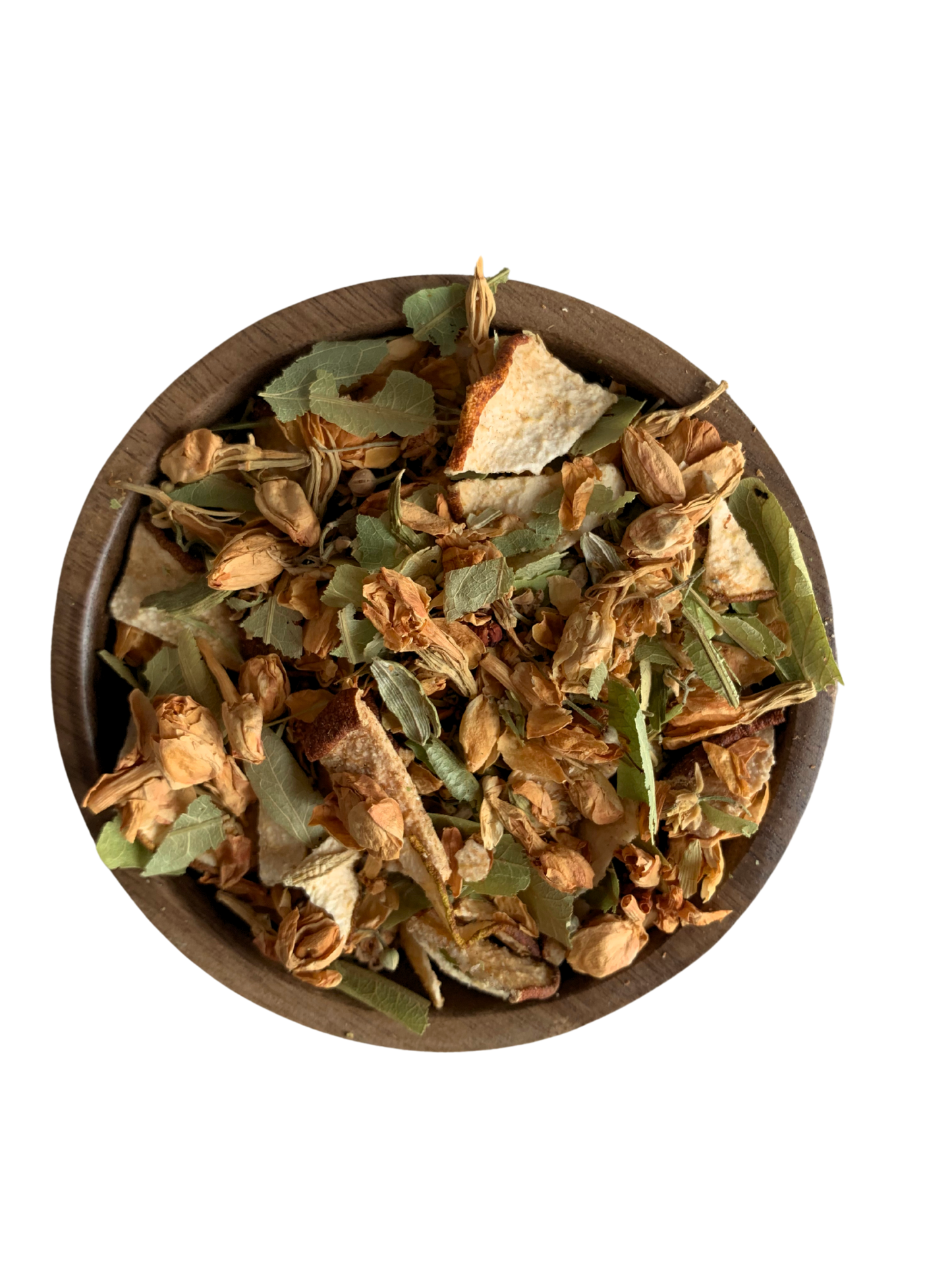 Loose leaves tea Jardim Sereno in a wooden bowl on a white background