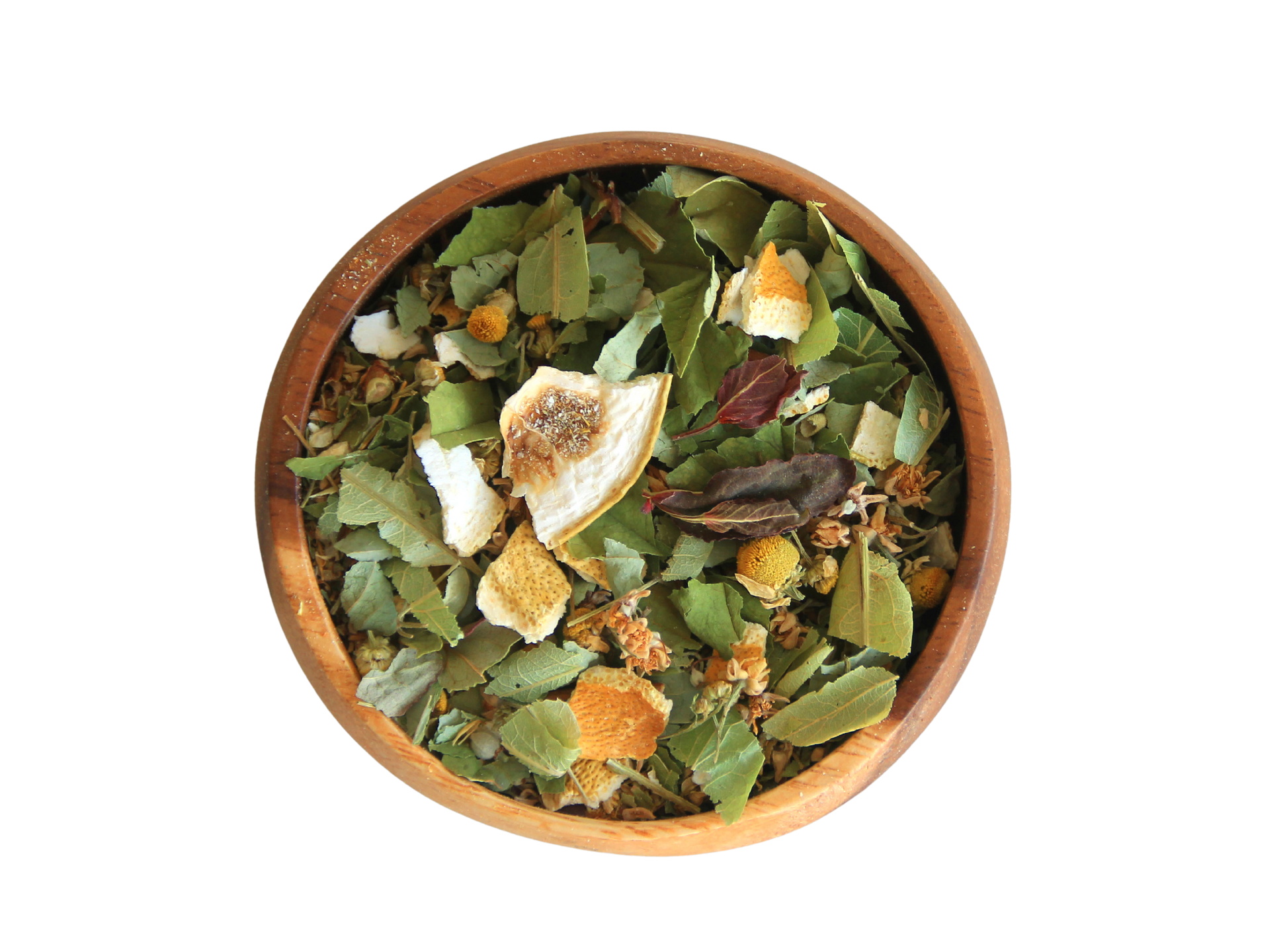 Lullaby herbal tea blend in a wooden blend.