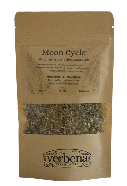 Kraft paper packaging of 'Moon Cycle' herbal mix with 'verbena' branding.