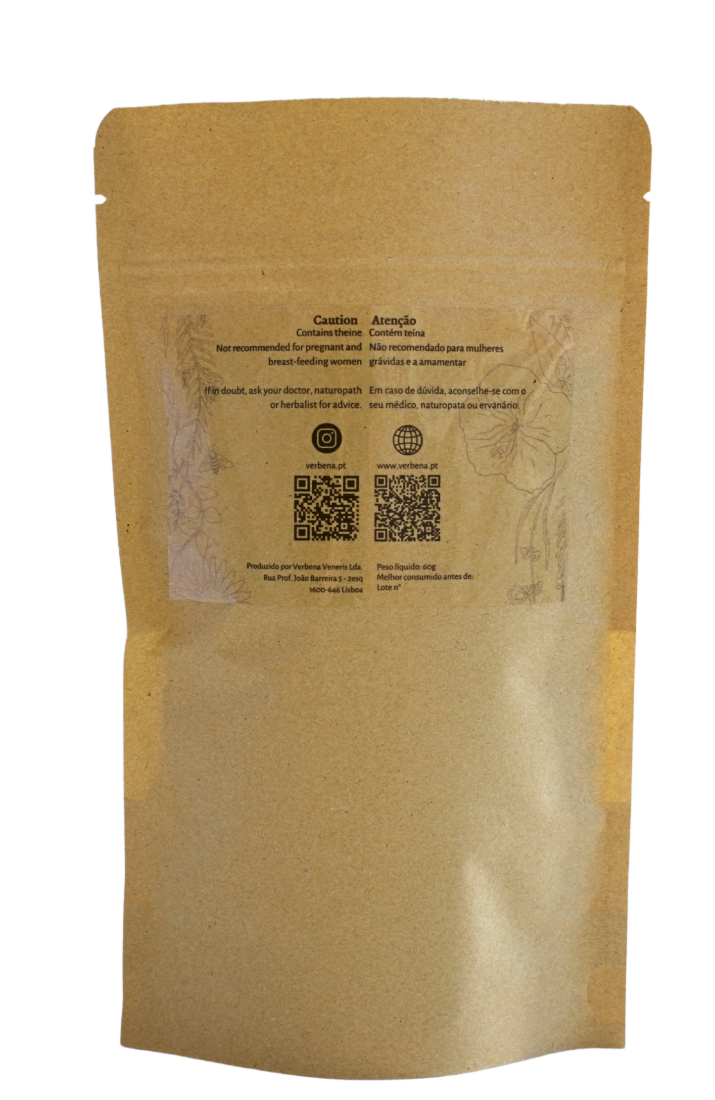 Brown paper bag with printed text and QR codes on a white background