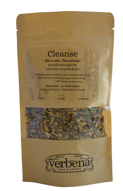 Kraft bag with a transparent label showing details of Cleanse herbal tea made by Verbena.