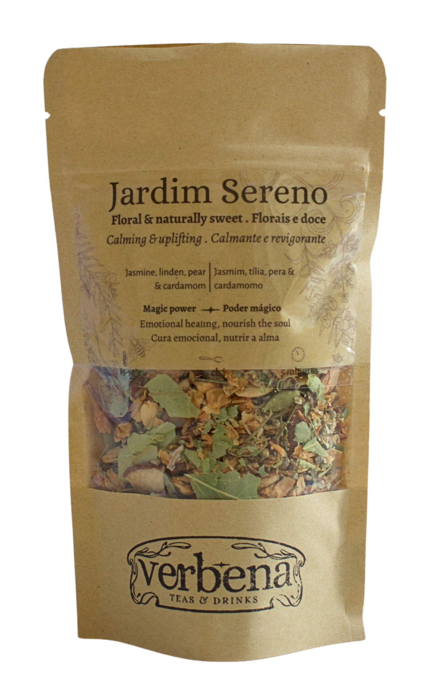 A package of 'Jardim Sereno' herbal tea by Verbena, featuring a clear window showing the tea leaves and herbs inside.