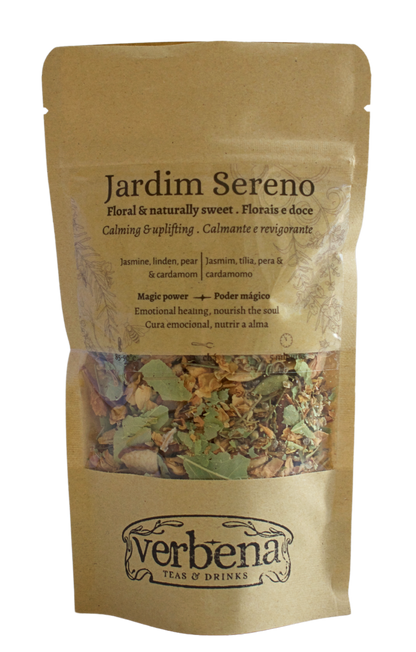 A package of 'Jardim Sereno' herbal tea by Verbena, featuring a clear window showing the tea leaves and herbs inside.