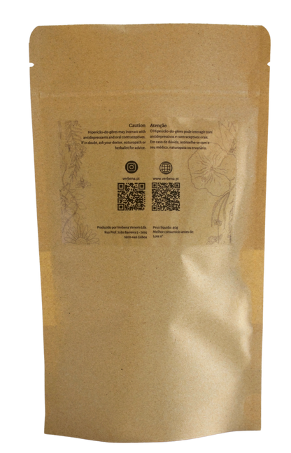 Brown paper bag with printed text and QR codes on a white background