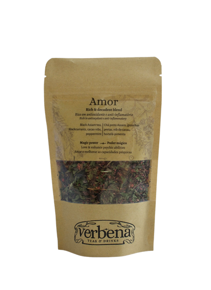 Tea package labeled 'Amor' with verbena branding on a white background