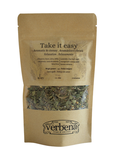 Kraft bag with a label 'Take it easy" - aromatic and citrusy herbal blend.