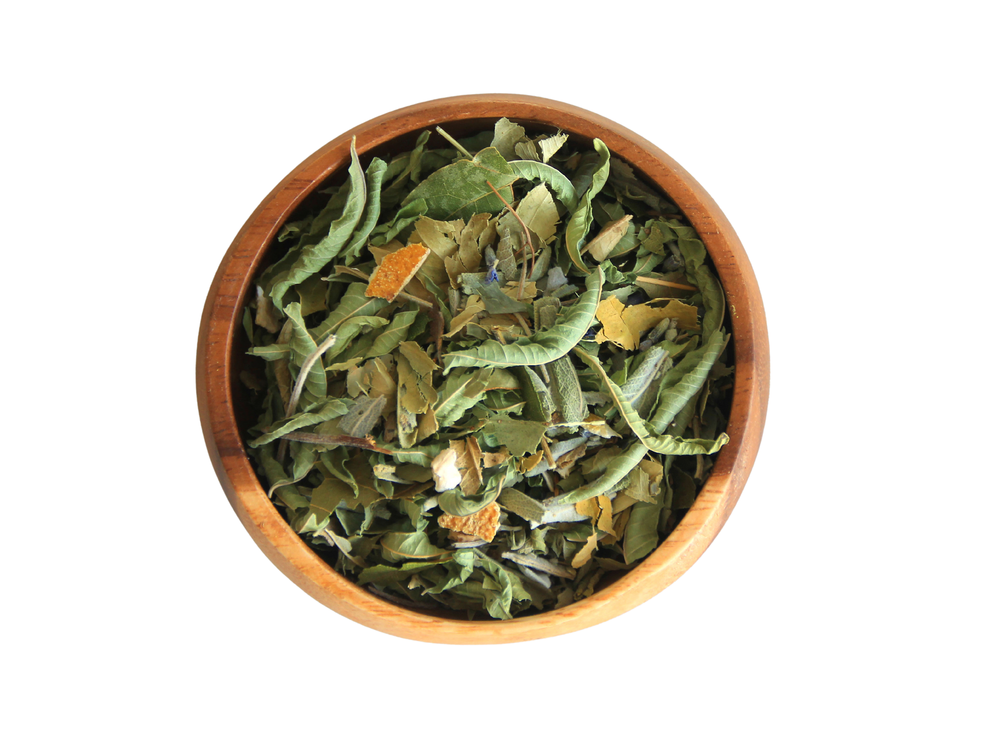 A top-down image of a wooden bowl filled with dried green and yellow herbal tea leaves.