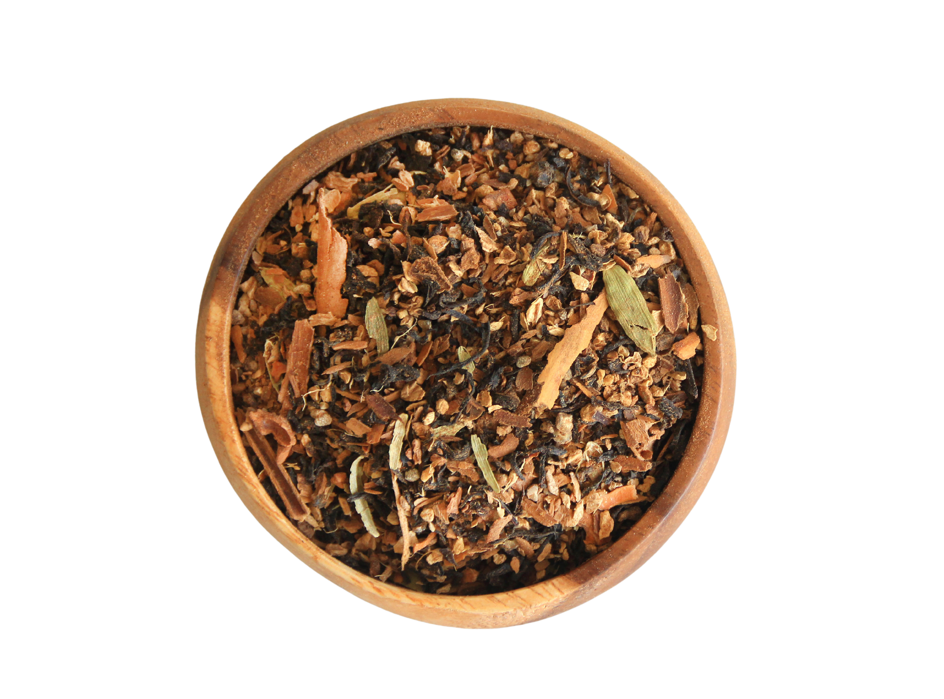 Wooden bowl filled with a mix of dried herbs and spices on no background
