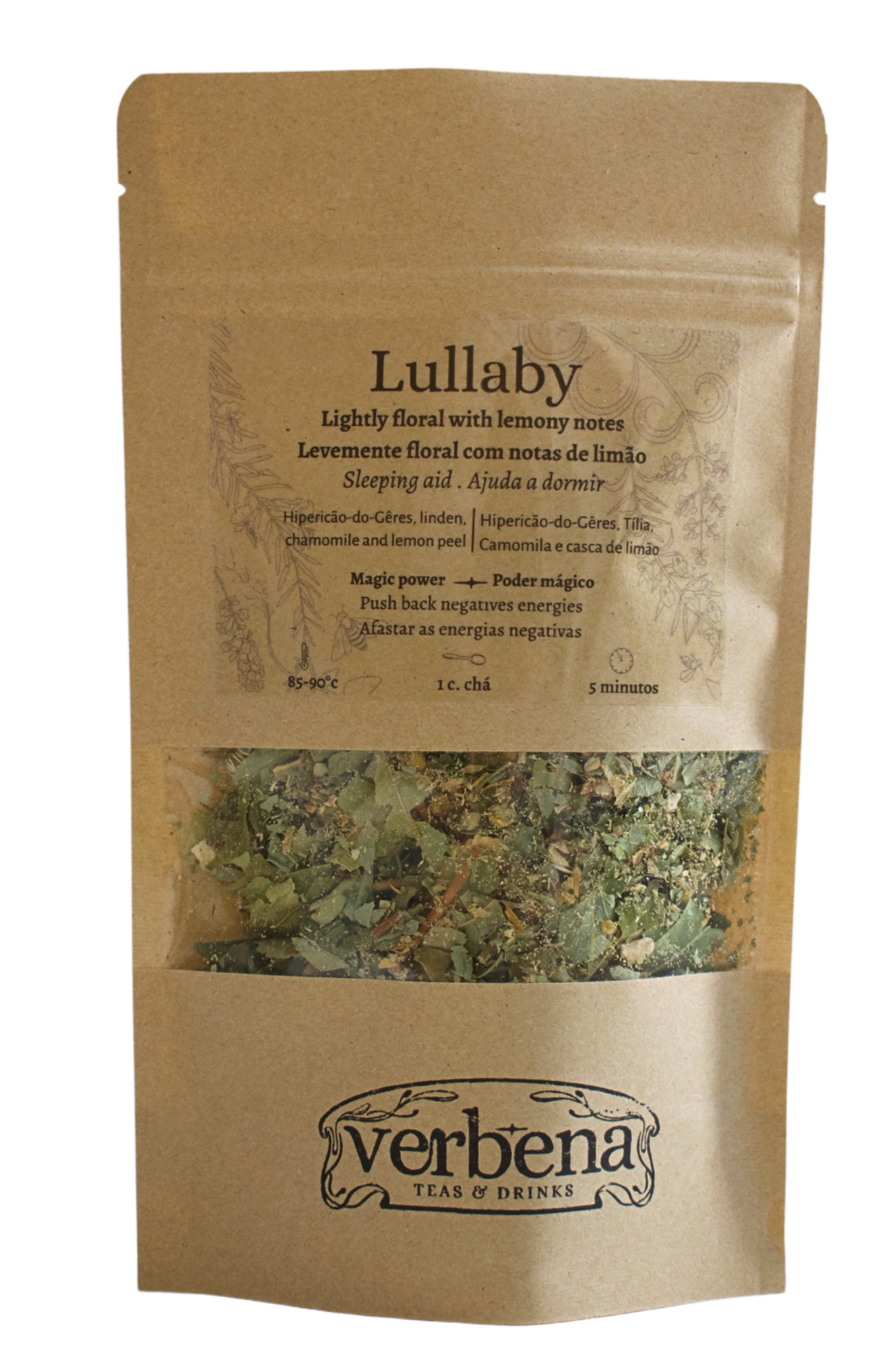 Kraft bag with Lullaby herbal blend. Kraft bag with a transparents label and verbena label.