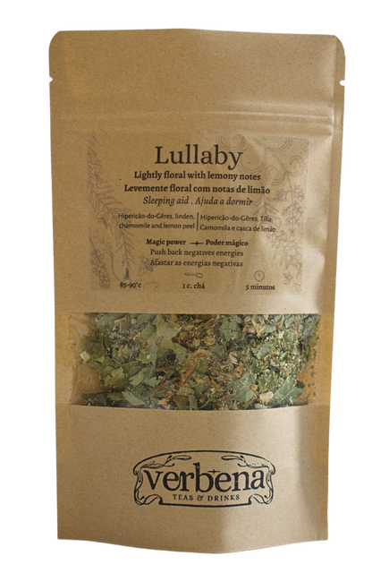Kraft bag with Lullaby herbal blend. Kraft bag with a transparents label and verbena label.
