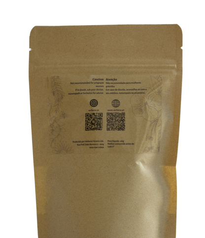 Kraft paper packaging with a QR code and text on a white background